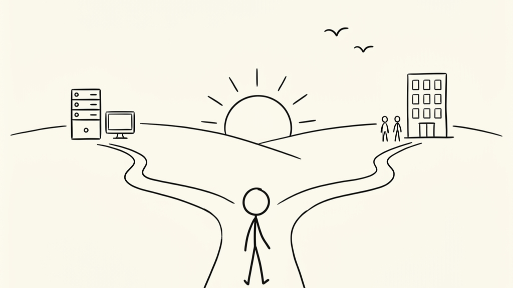 A stick figure standing at a fork in the road